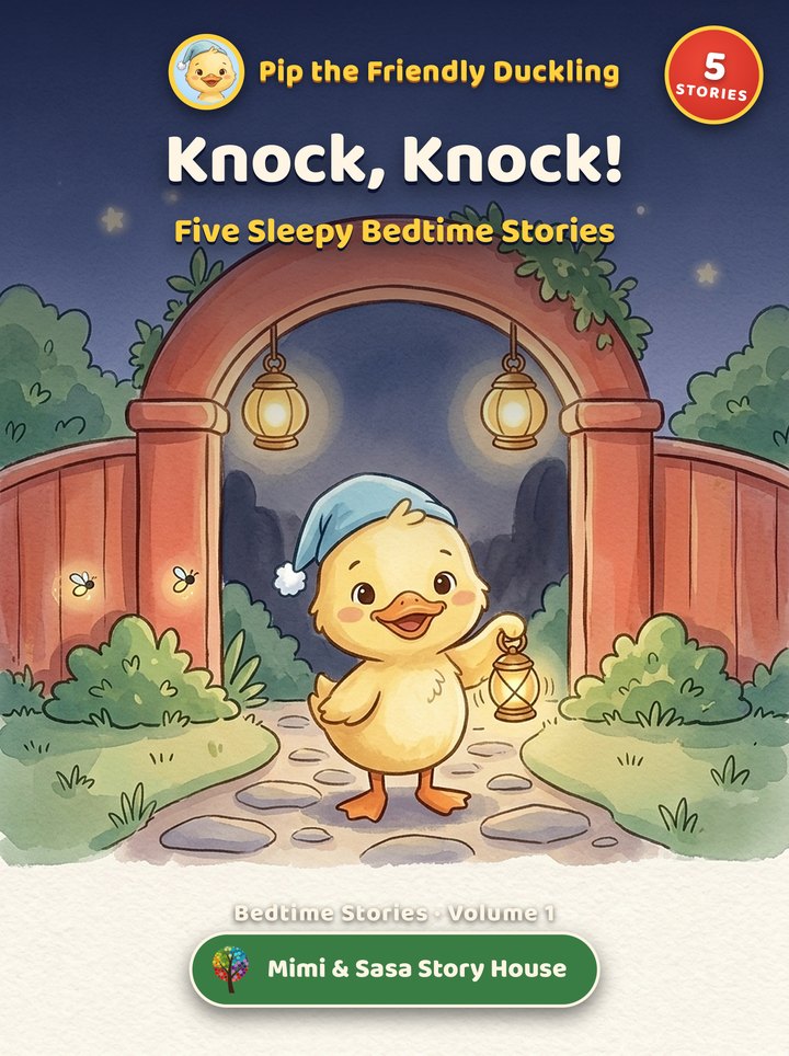 The cover of Knock Knock Bedtime Stories, Volume One, showing Pip holding a lantern at a barn door