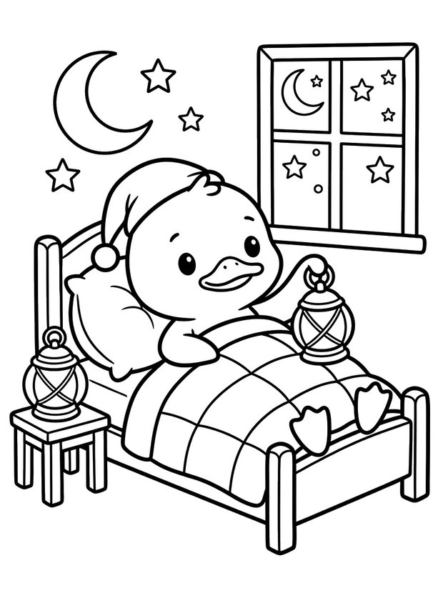 A colouring page of Pip tucked into bed with the lantern beside him