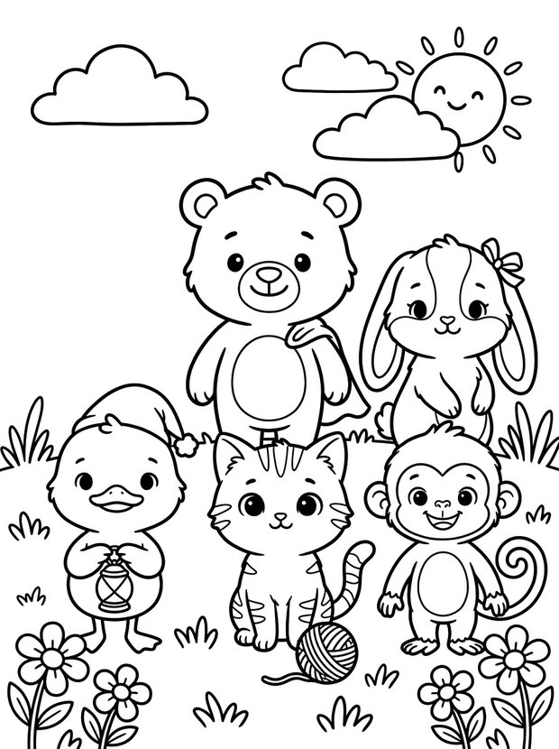 A colouring page with Pip, Bruno, Coco, Momo and Lulu together in the meadow