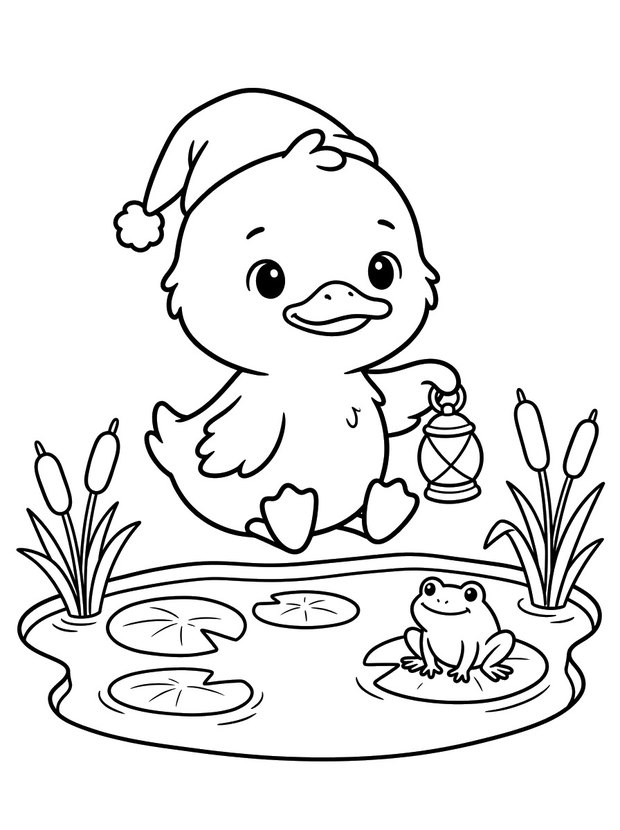 A colouring page of the pond, with reeds, lily pads and Pip paddling